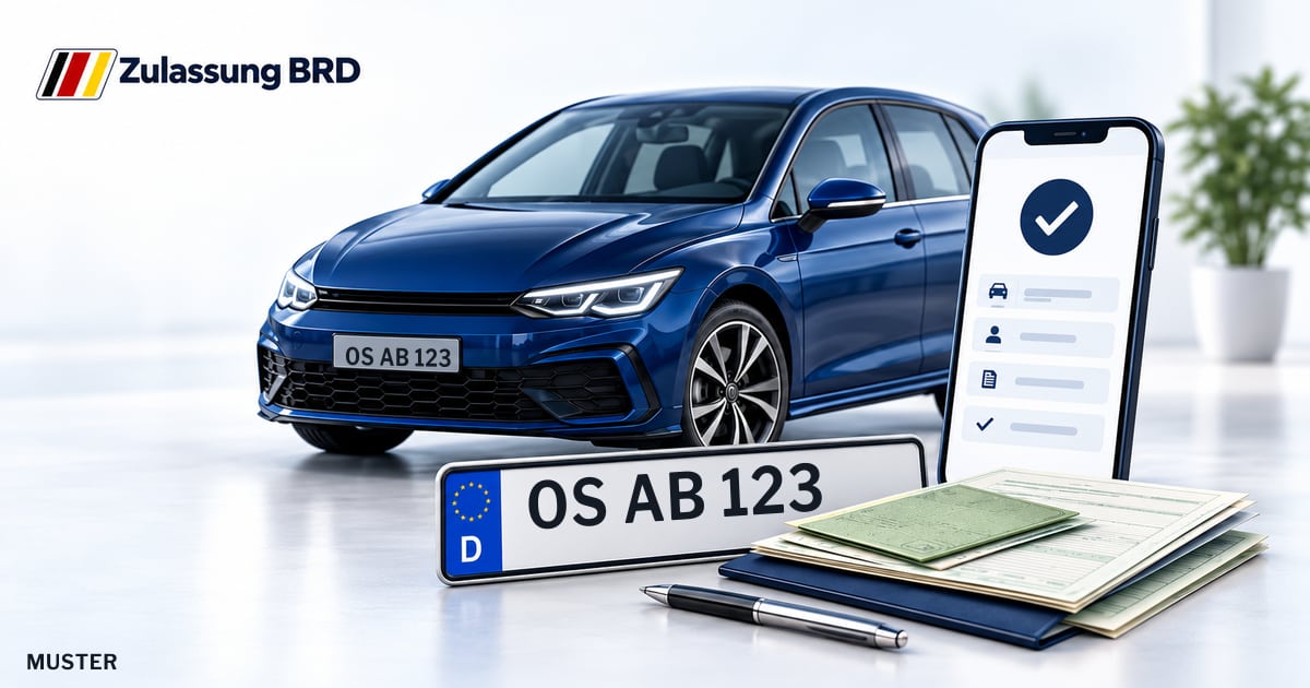 Online Fahrzeugzulassung in Bohmte: Musterkennzeichen OS AB 123, Auto und Fahrzeugpapiere und Smartphone. Illustration mit Logo von Zulassung BRD.